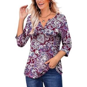 LIENRIDY Plus 3/4 Sleeve V-Neck Top in Multi Red, Size 2X​​​